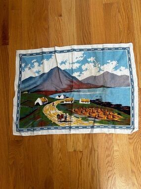 Vintage 100% Pure Linen Wall Tapestry, Irish Coastal Mountain Scenery, Tea Towel